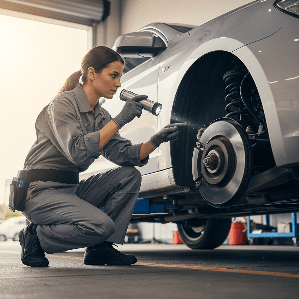 Professional inspector examining vehicle undercarriage with flashlight