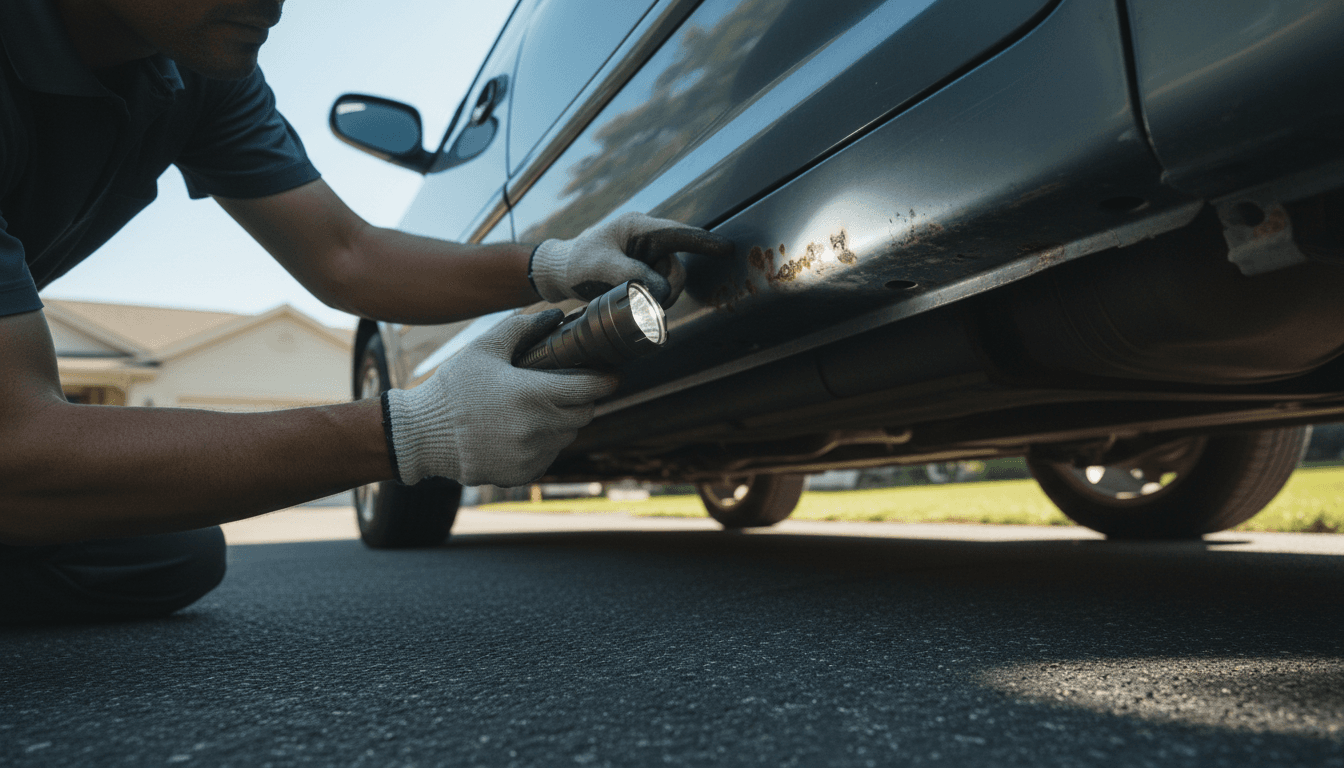Auto inspector examining vehicle undercarriage with flashlight