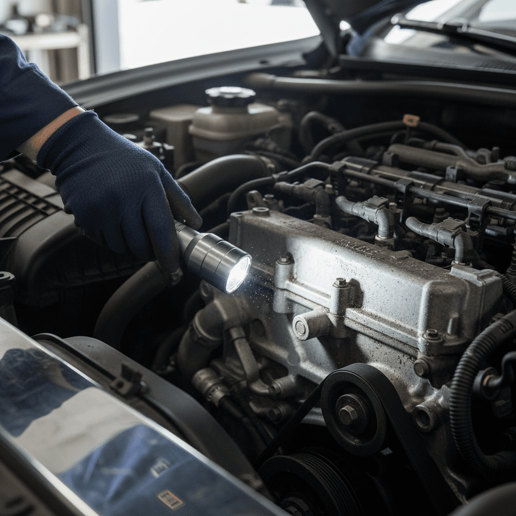 Mechanic inspecting a car engine bay with a flashlight