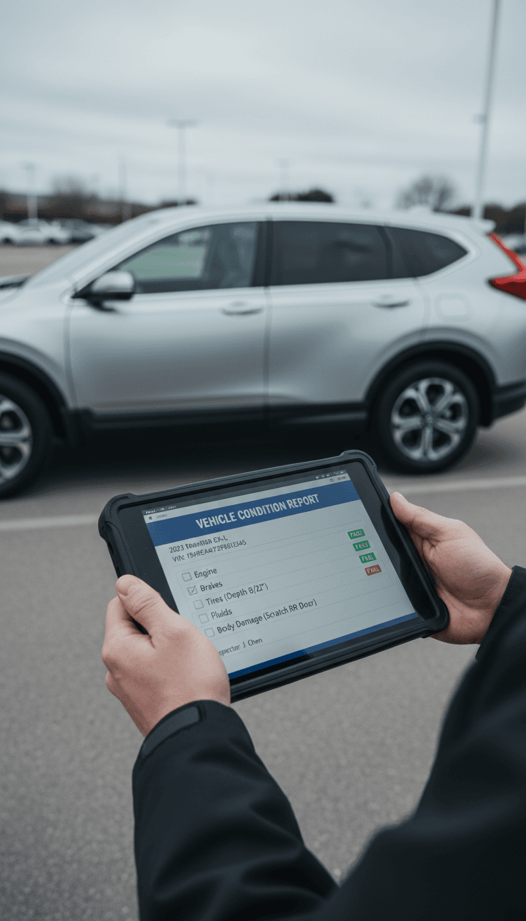 Inspector holding tablet with vehicle report next to a car on a dealership lot