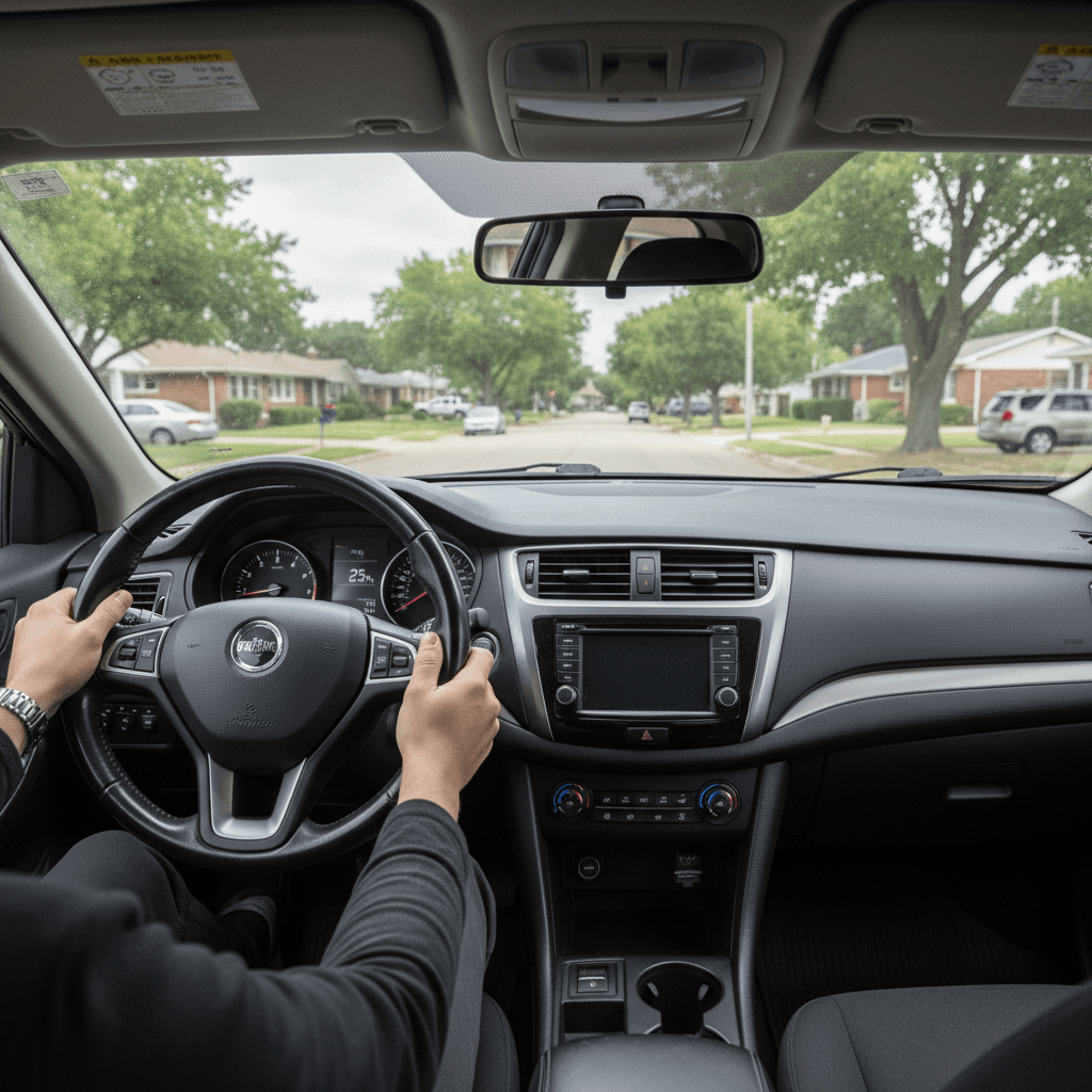 Driver's view of a car dashboard during a road test