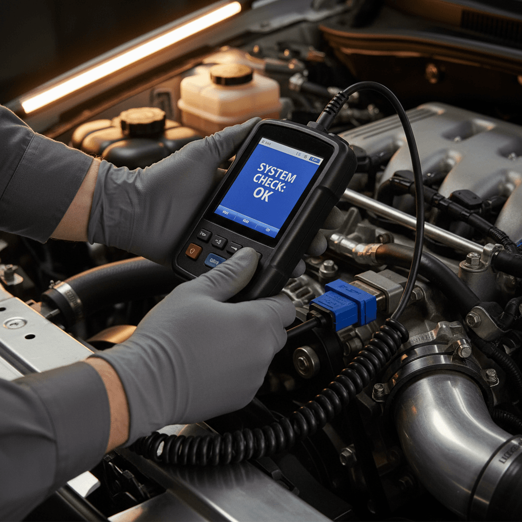 Inspector using diagnostic scan tool on vehicle engine bay