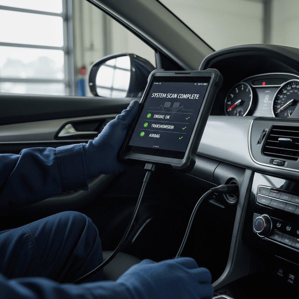 Mechanic performing OBD scan on a dealer car