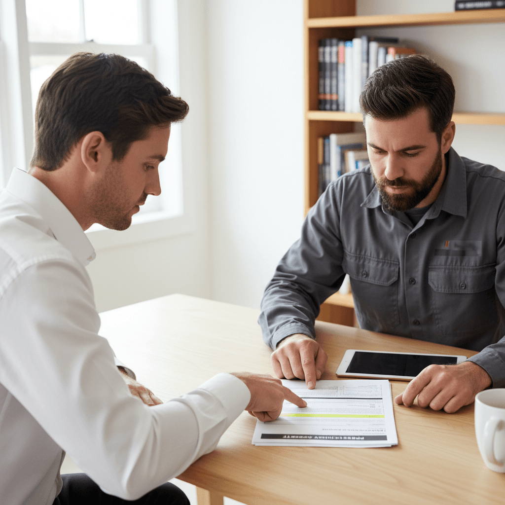Buyer and mechanic reviewing an inspection report together at a table