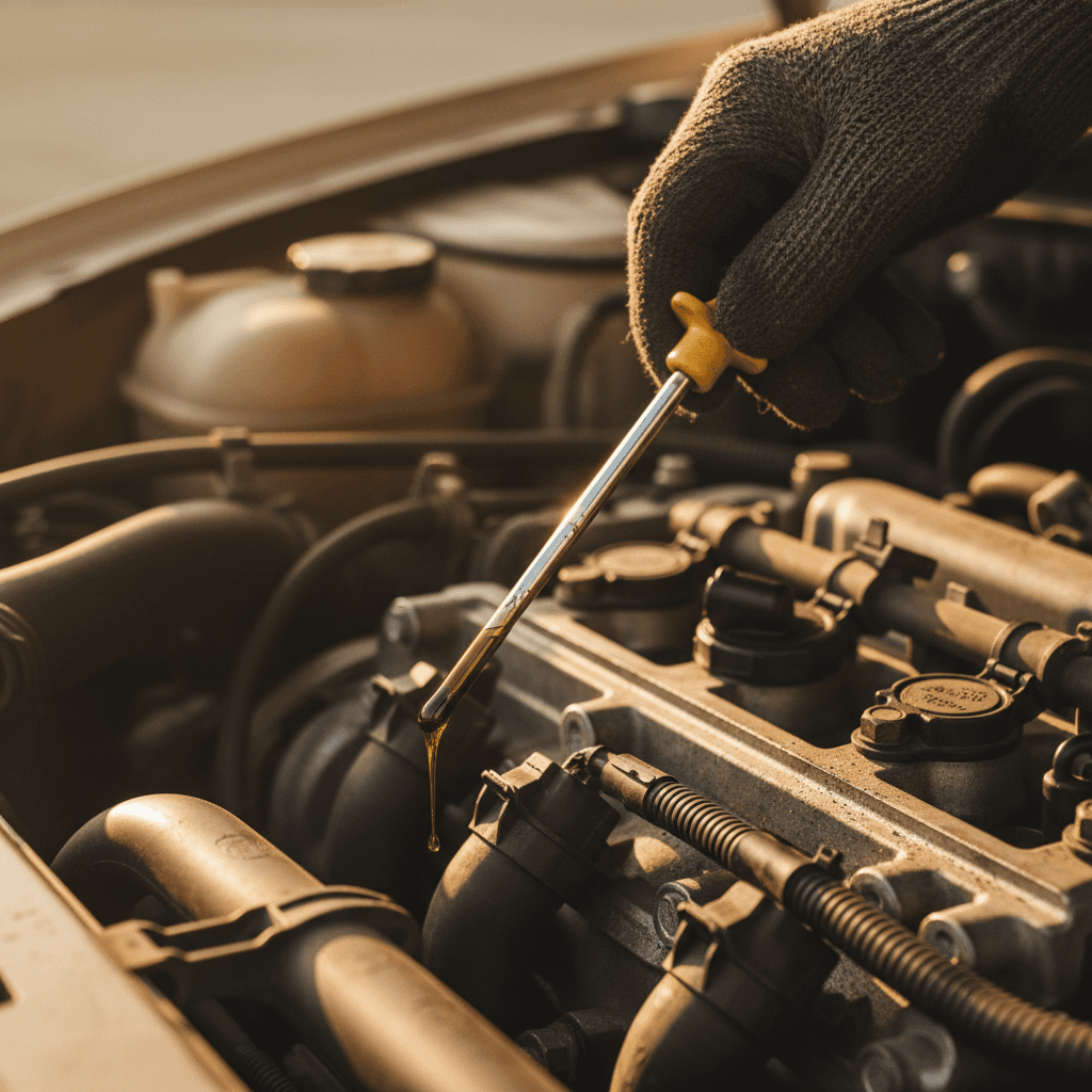 Gloved hand inspecting engine oil dipstick in an open bay