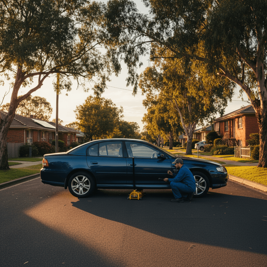 Mechanic kneeling beside a car raised on a portable jack inspecting the undercarriage