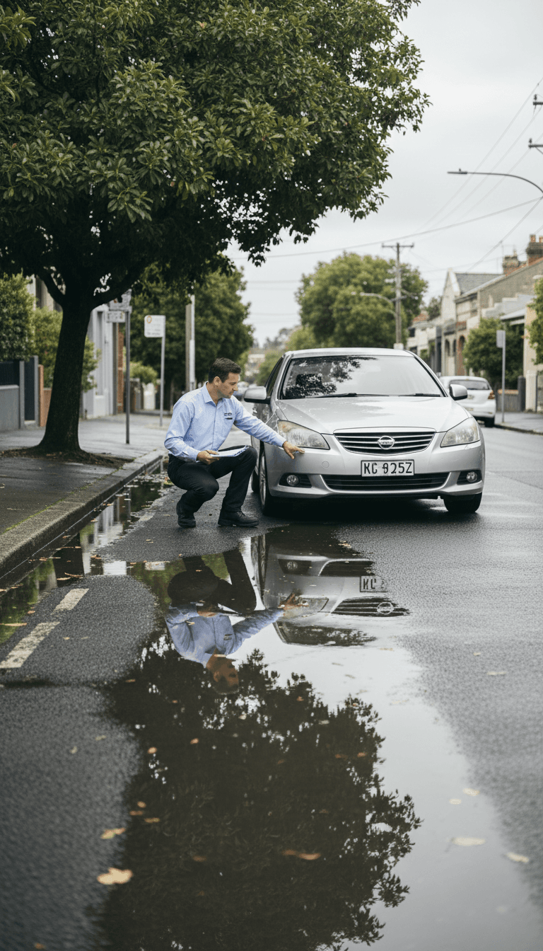Vehicle inspector kneeling beside a car on a Sydney street