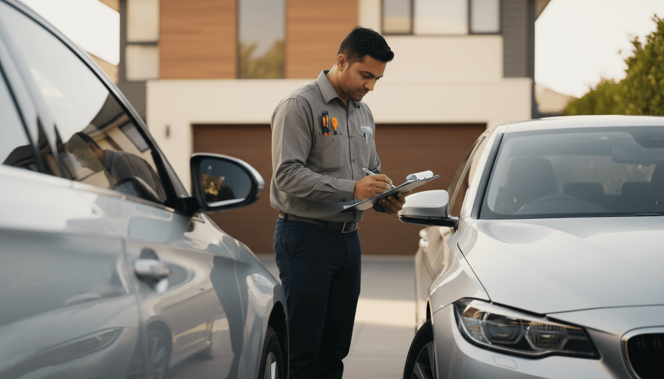 Professional vehicle inspector reviewing inspection checklist while examining a car in Sydney