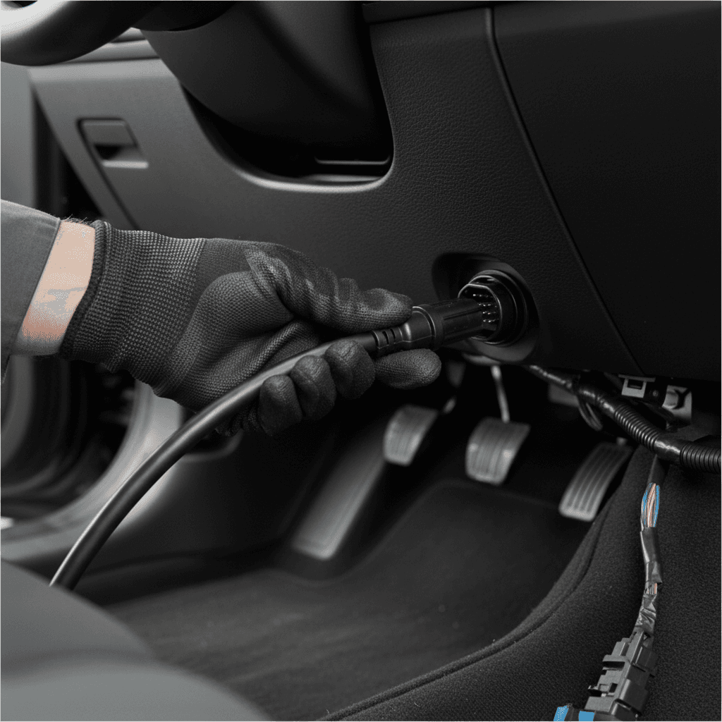 OBD-II diagnostic port under car dashboard with scan tool cable connected