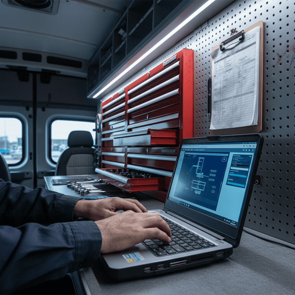 Hands typing on a laptop inside a mobile service van