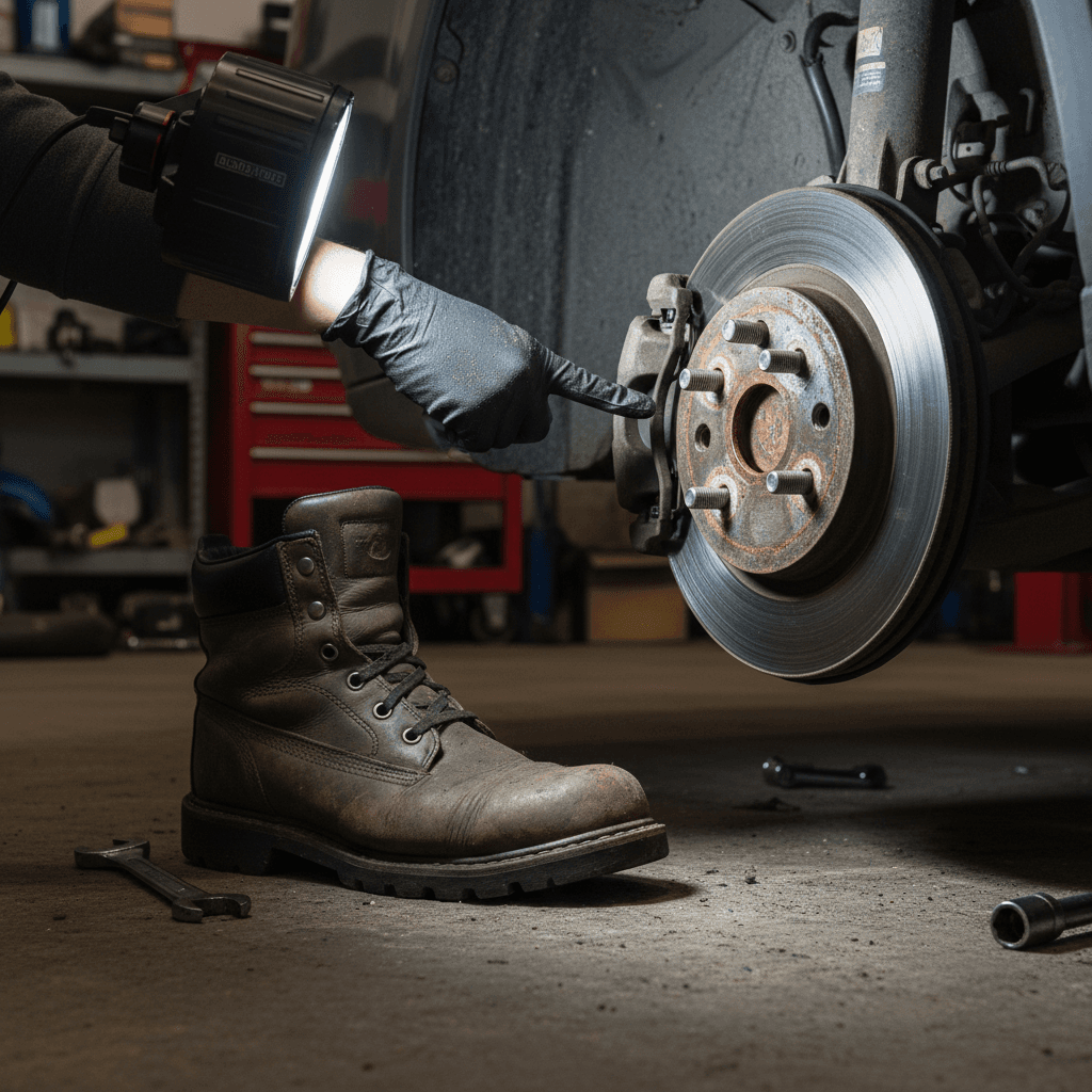 Mechanic inspecting brake rotor and suspension in a driveway