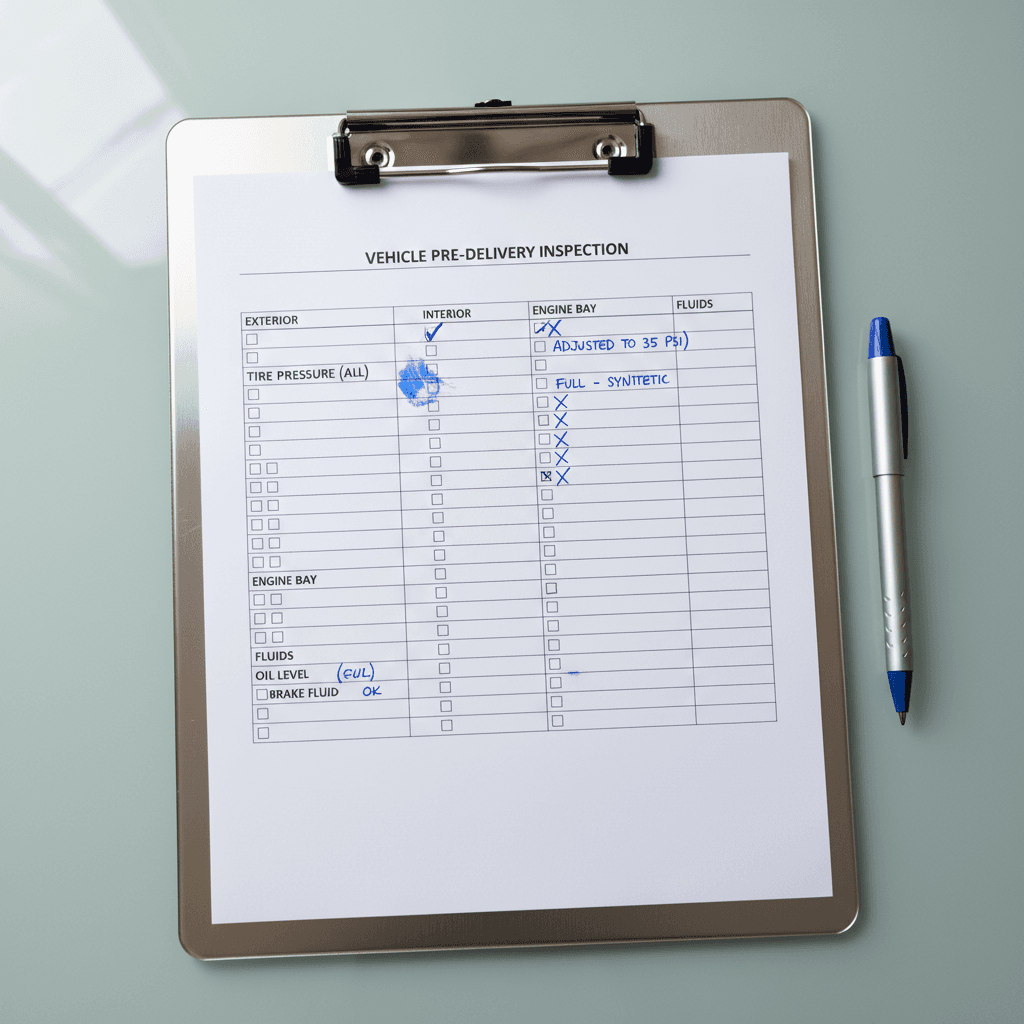 Clipboard with completed vehicle inspection checklist and pen