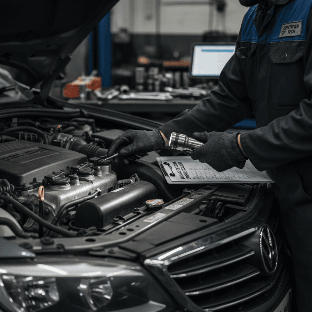 Mechanic inspecting vehicle engine under hood with professional tools and clipboard nearby